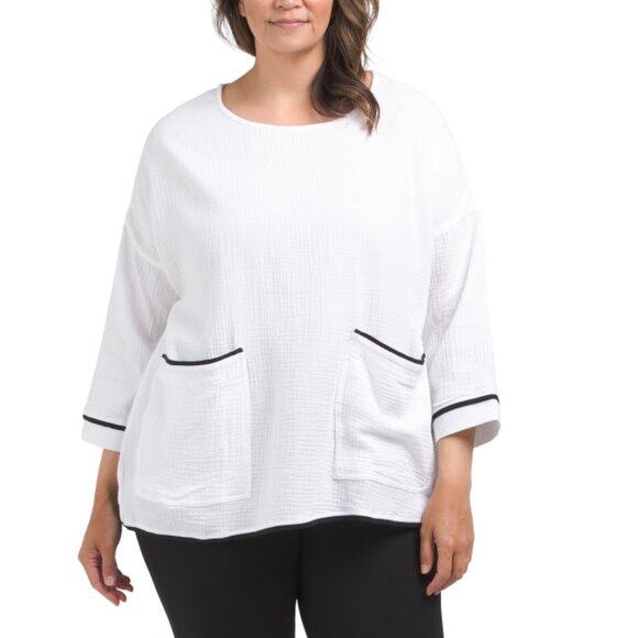 JONES & CO JONES NEW YORK White/Black Plus Front Pocket Gauze Top - Picture 1 of 2